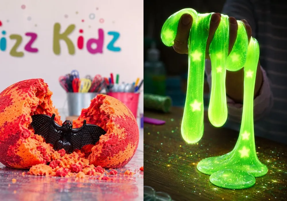 A bath bomb cracked open to reveal a toy bat, and glow-in-the-dark slime