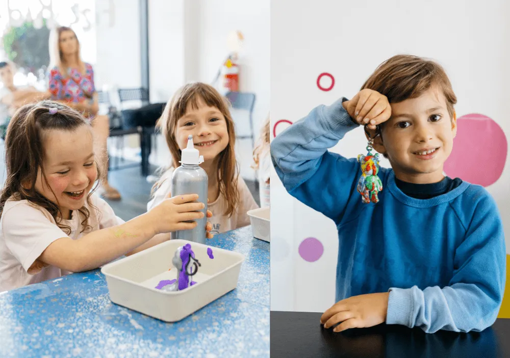 A child creating colourful fluid bear drip art