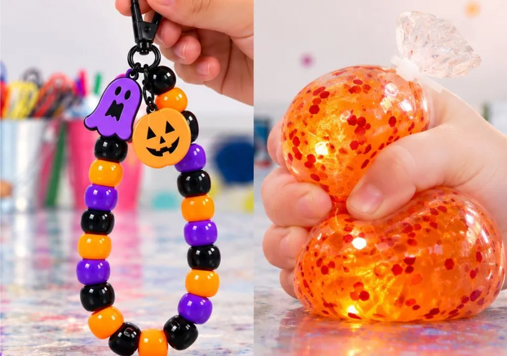 A ghost and pumpkin beaded keychain, and an orange glitter squishy