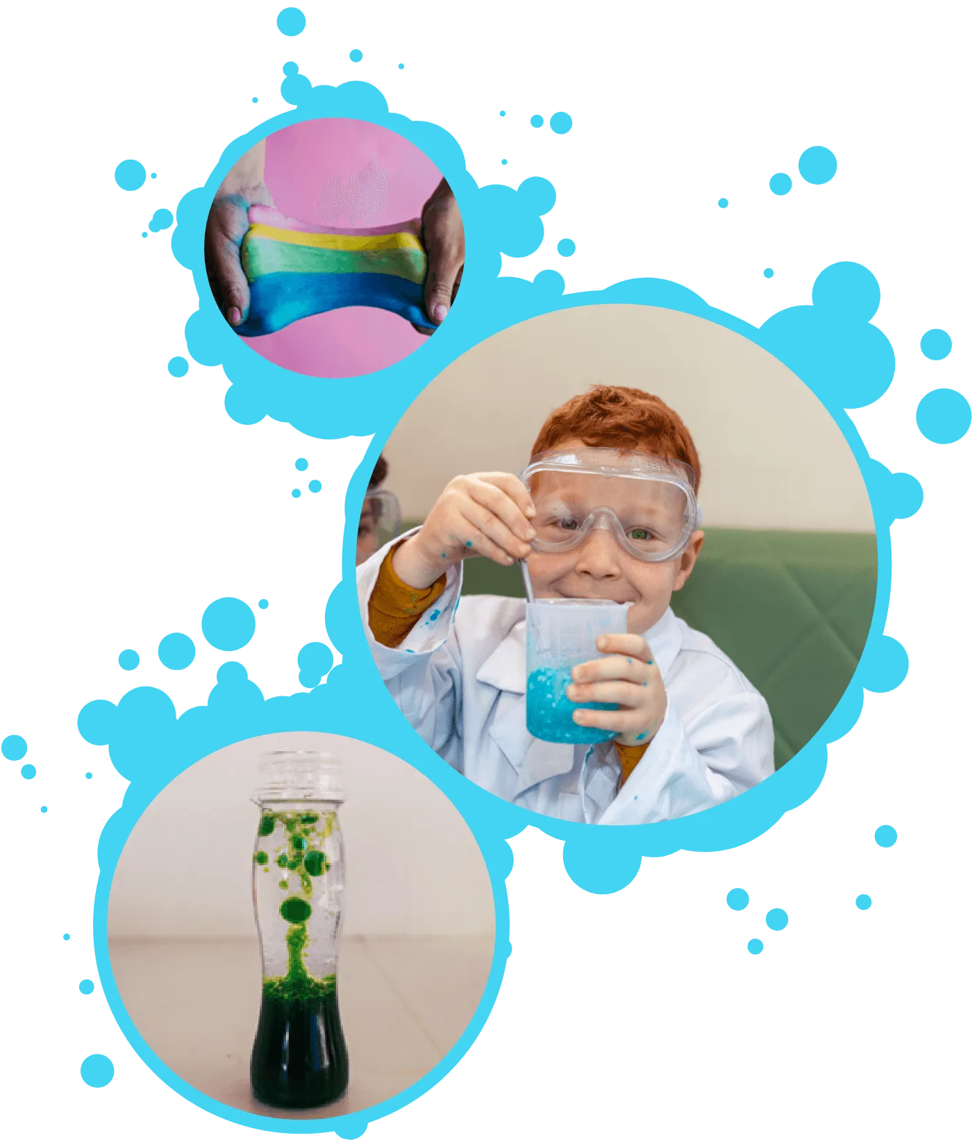 slime, lava lamp and a kid mixing an experiment.