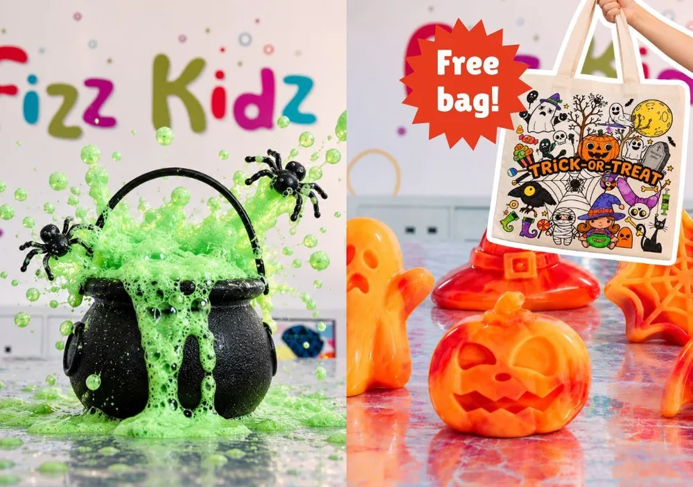 A cauldron erupting with green foam and plastic spiders