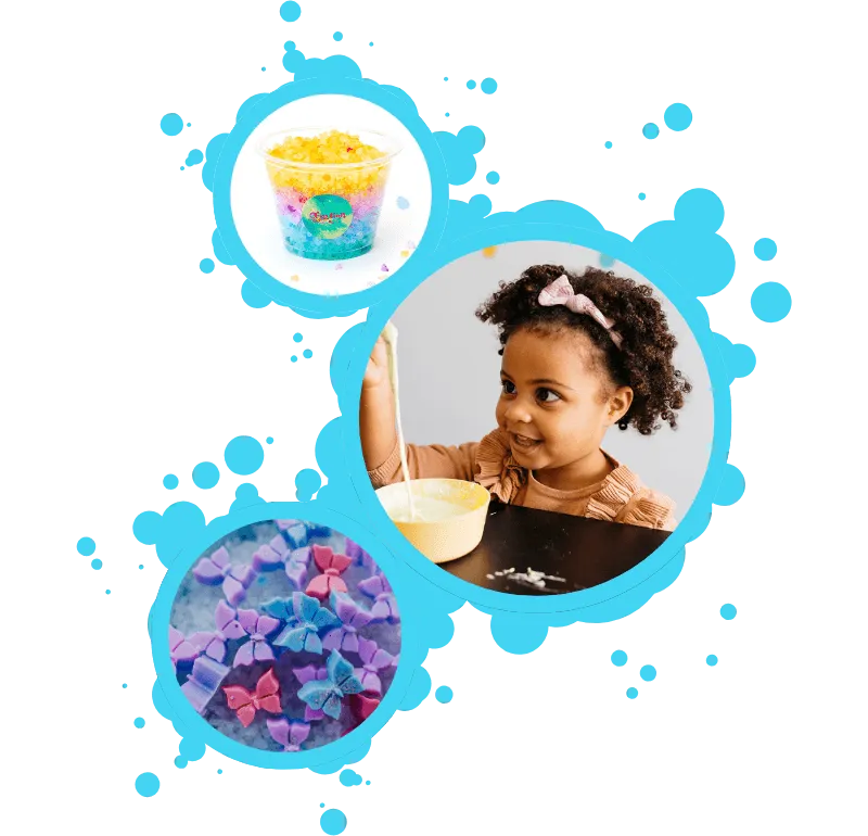 Three images, two of creations and one of a smiling child