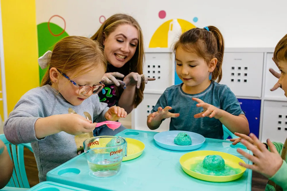 Children at school gathered and working together